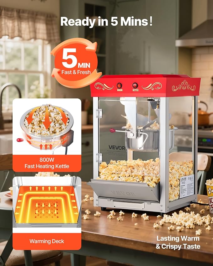 VEVOR Popcorn Machine, 8oz Stainless Steel Kettle, 800W Commercial Countertop Popcorn Maker, 48 Cups per Batch Theater Style Popper, with 2-Button Control Glass Wall PC Door 1 Scoop 3 Spoons, Red