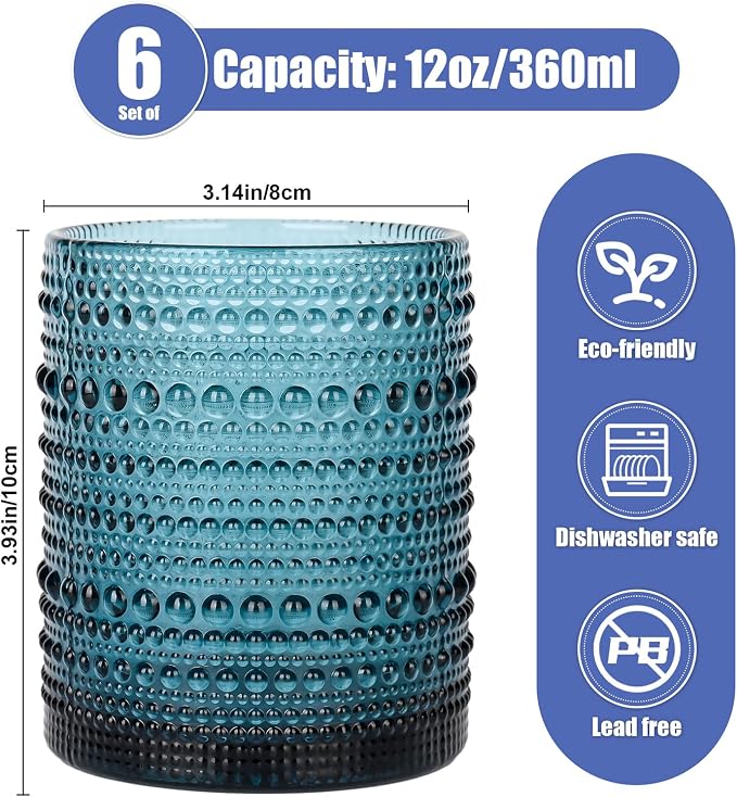 ZMOWIPDL Vintage Glassware Drinking Glasses Set of 6,12 oz Hobnail Glass Cups,Embossed Blue Water Tumbler,for Beer,Cocktail,Whiskey,Juice and Various Mixed Drinks- 1 Cleaning Brush
