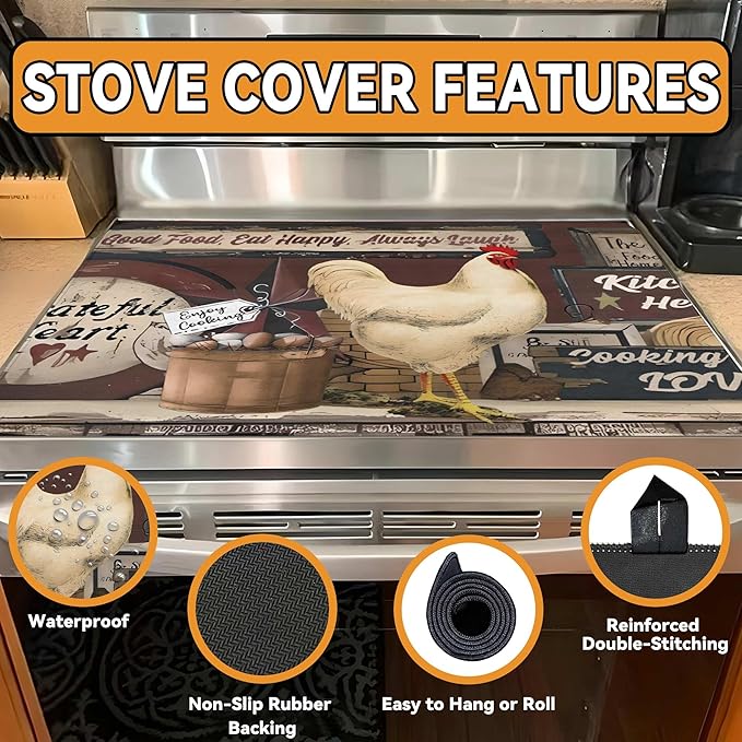 Decorative Stove Top Covers for Electric Stove 28"x20" – Heat Resistant Glass Cooktop Protector Dish Drying Mat – Non-Slip Rubber Backing Washer Top Cover Waterproof Extra Counter Space (Rooster)
