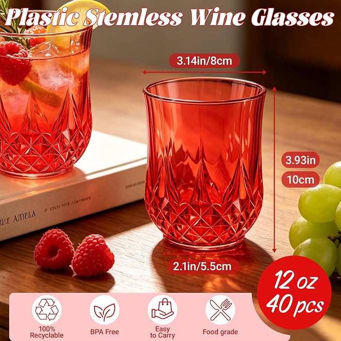 40 Pack Plastic Stemless Wine Glasses,12oz Unbreakable Vintage Elegant Drinking Glass Set,Reusable Fancy Cocktail Cups for Party, Wedding, and Bulk Events (40, 12oz-Red)