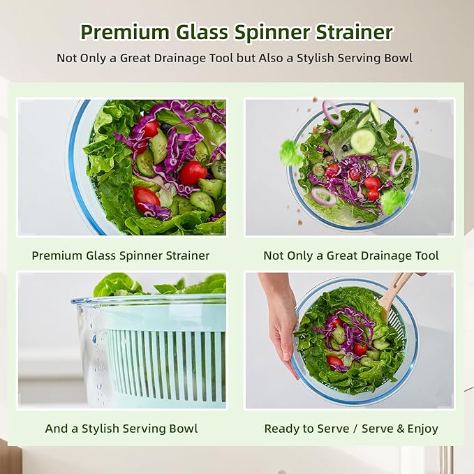 Borosilicate Glass Large Salad Spinner & Vegetable Washer - 5.2 Quart BPA-Free Dehydrator with Handle Includes 5 Chopping Blades Slicer, Drain Bowl Dishwasher Safe - Perfect for Lettuce Fruit Veggies