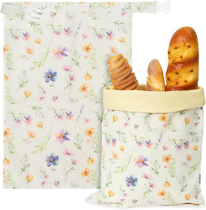 Reusable Beeswax Bread Bags - 2 Pack Bees Wax Food Bag, Homemade Sourdough Bread Storage, 2-in-1 Linen Cotton Large Freezer Container Home Baking Accessories with Lining (Wildflower)