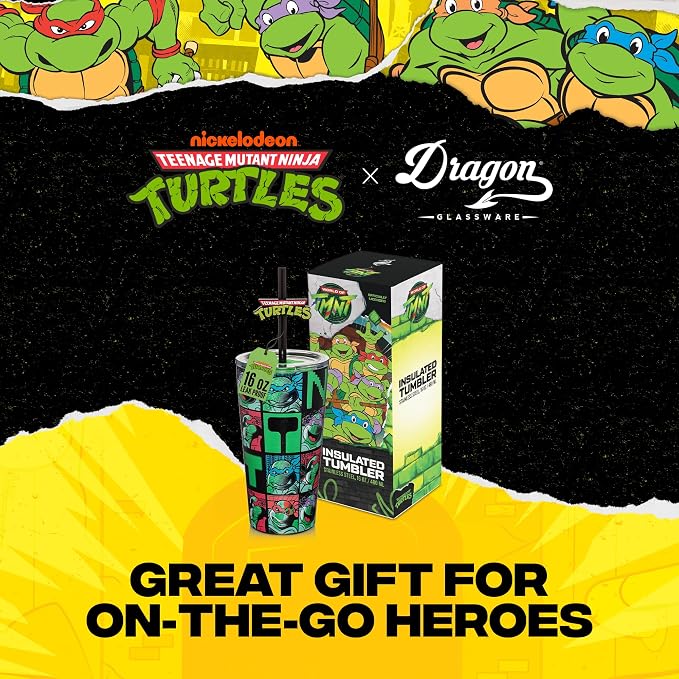 Dragon Glassware x Teenage Mutant Ninja Turtles Insulated Tumbler, 16 oz | Vacuum Insulated Stainless Steel Tumbler with Straw & Lid; Double Walled TMNT Tumbler with Straw Topper; Ninja Turtle Cup