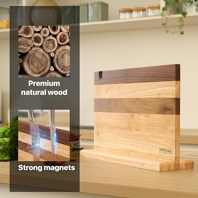BRENZAA Magnetic Knife Block with Built-in Sharpener, 14 inch Double Sided Wood Knife Holder for Countertop, Universal Knife Stand without Knives (Rubberwood and Walnut Decor)