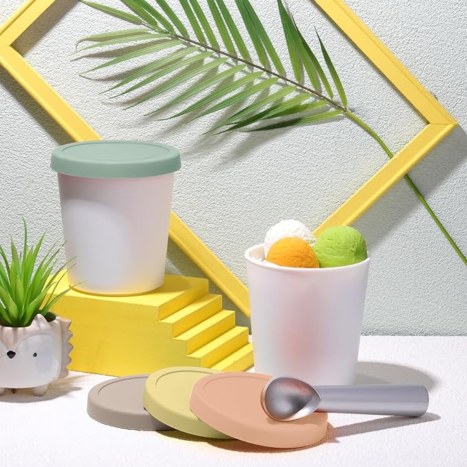 Nuenen 5 Pack Ice Cream Containers 1Qt Freezer Storage Tubs with Silicone Lids and Spoon for Homemade Ice Cream Reusable, Sorbet Dishwasher Safe (Morandi Colors)