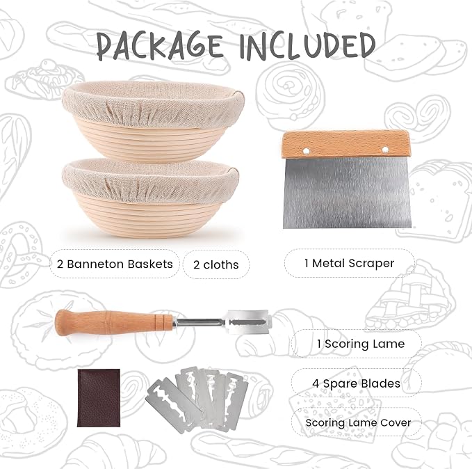 DOYOLLA Proofing Baskets for Sourdough Bread Making, Dough Proofing Bowls Kit with Cloth Liner + Scoring Lame + Scraper for Professional & Home Sourdough Bakers (Round,8.5 inch,Set of 2) | Handmade Rattan