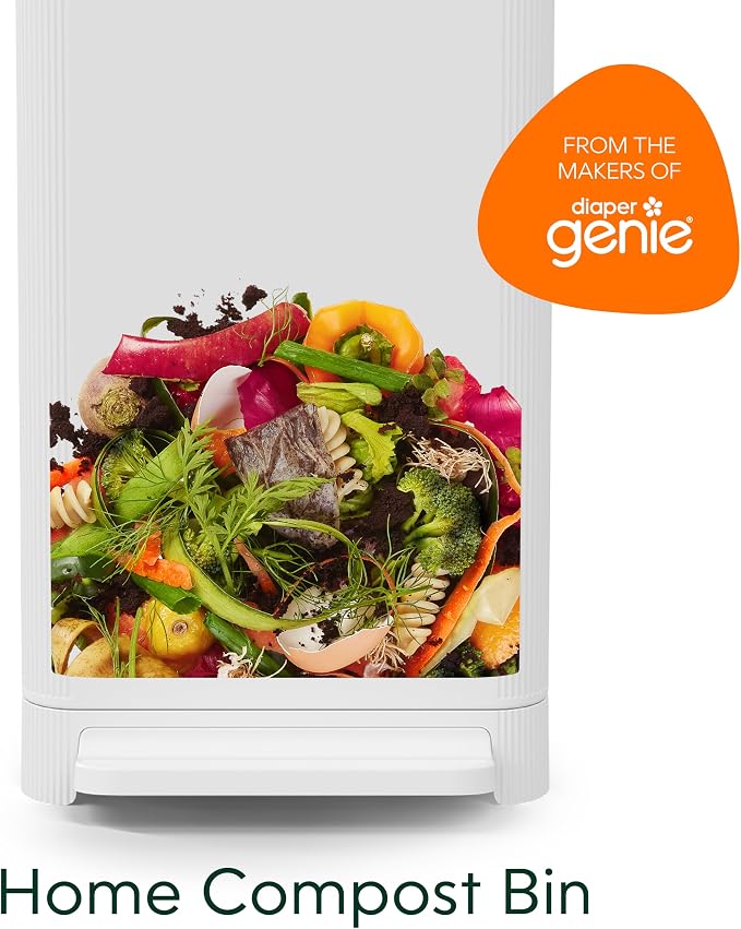 Compost Genie Kitchen Compost Bin, White Stainless-Steel Large, 3.6 Gallon, Indoor Odorless Composting, Hands-Free, Washable Parts, Includes 8 Tear-Off Compostable Bags and 4 Carbon Filters