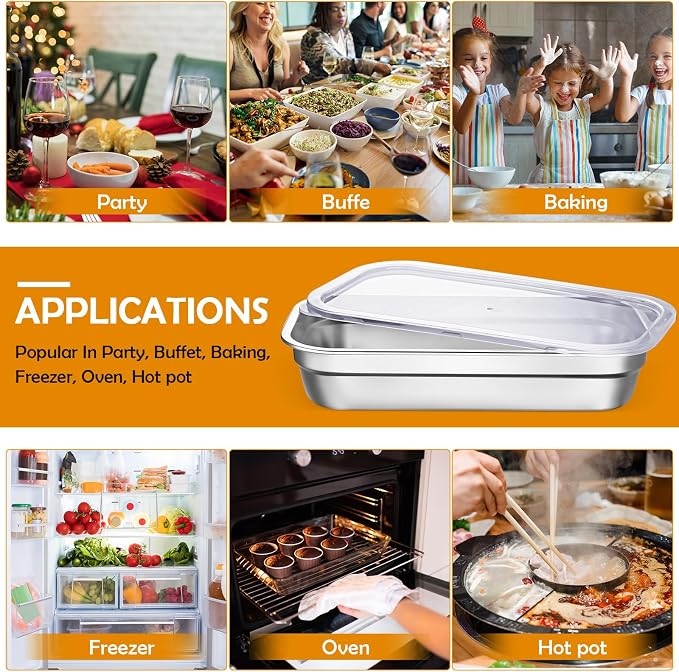8 Pcs 304 Stainless Steel Food Storage Containers with Lids 1/3 Size Hotel Pan Chicken Food Grade Pans Metal Meal Containers for Restaurant Stackable Kitchen Freezer Buffet(2.5 Inch Deep)