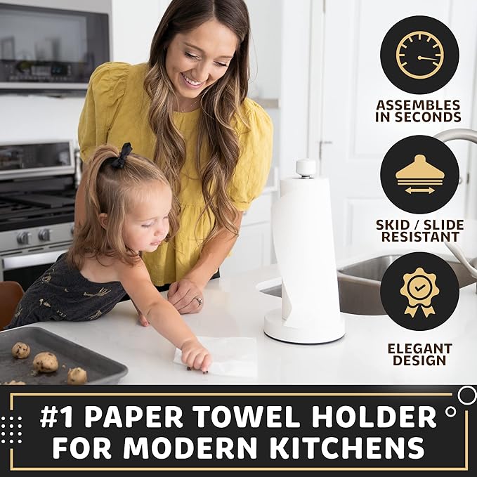 Heavy-Duty Stainless Steel Paper Towel Holder - Easy One-Handed Tear with Suction Cups - Modern Weighted Standing Countertop Dispenser for Kitchen - Holds All Paper Towel Rolls, White