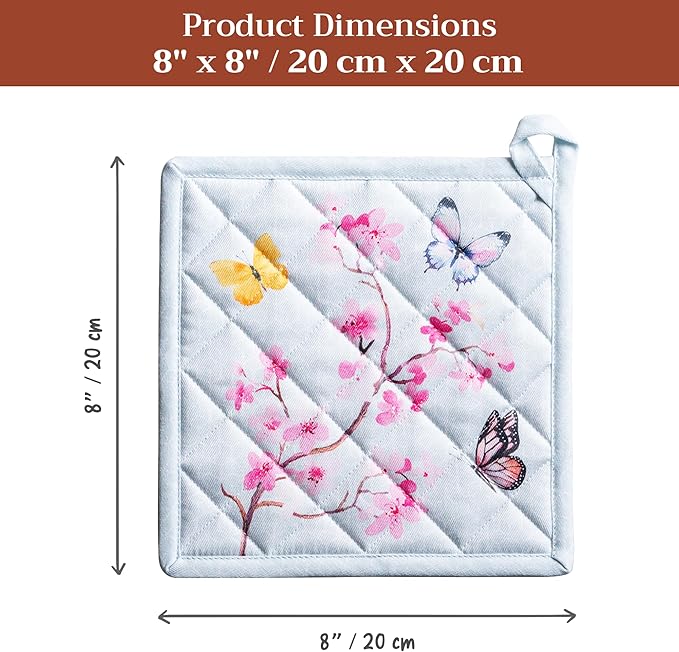 Maison d' Hermine Pot Holders 100% Cotton Heat Resistant Potholders 8" x 8" Hot Pads with Loop Cooking Baking Gifts for Mothers Day Handling Hot Pans Spring/Summer (Pack of 2, Blossoms in Spring)