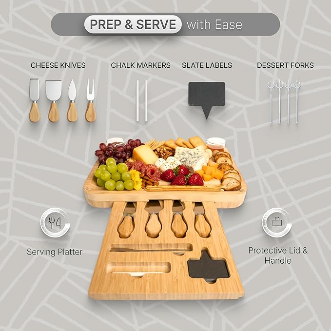Charcuterie Board Set with Handless Lid – Bamboo Cheese Board with Sliding Drawer, 4 Stainless Steel Cheese Knives, 4 Forks, 2 Glass Bowls, Gift Bag – Perfect for Gift