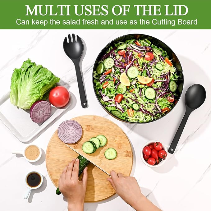 LOVYANXUE Salad Bowl with Lid, 12" Extra Large Bamboo Fiber Salad Bowl with Servers Set for Kitchen, Nature Bamboo Mixing and Serving Bowl with Lid, Spoon and Fork for Fruits,Salads and Vegetables