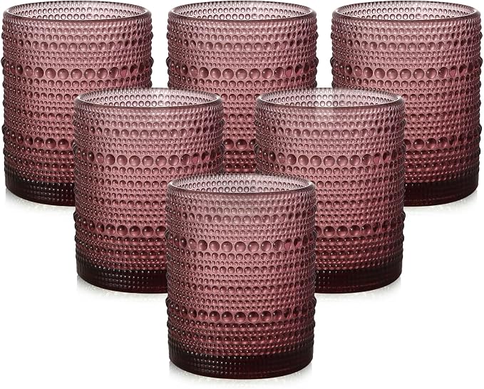 ZMOWIPDL Vintage Glassware Drinking Glasses Set of 6,12 oz Hobnail Glass Cups,Embossed Purple Water Tumbler,for Beer,Cocktail,Whiskey,Juice and Various Mixed Drinks- 1 Cleaning Brush