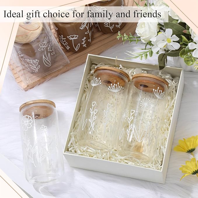 Mumufy 6 Sets Boho Floral Glass Cups with Clear Gift Bag 16 oz Reusable Flower Iced Coffee Mugs Aesthetic Cute Tumbler with Lids and Straws, Gifts for Girls Women Bridesmaid