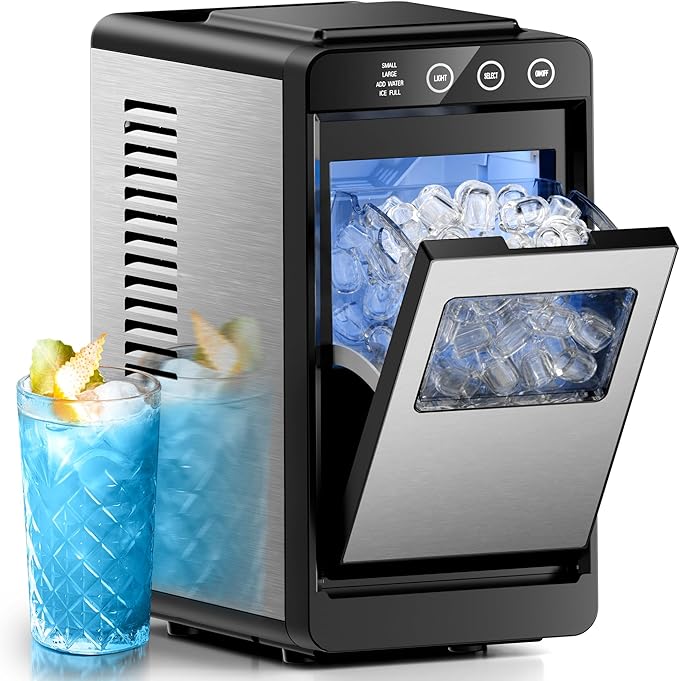 Electactic Ice Makers Countertop,26Lbs/24H,8Pcs in 6Mins,Portable Ice Maker Machine with Self-Cleaning,Interior Lighting,2 Sizes of Bullet Ice for Home/Office/Party(Stainless Steel)