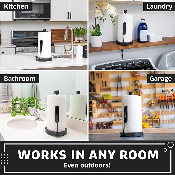Stainless Steel Tension Arm Paper Towel Holder - Easy One-Handed Operation - This Sturdy Weighted Paper Towel Dispenser Countertop Model Has Suction Cups and Holds All Paper Towel Rolls (Black)