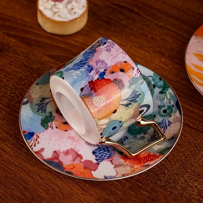 KAMMAK Tea Cups and Saucers Set of 2, Fine Bone China Coffee Cups, 8.5-Ounce Stackable Espresso Mugs, Ceramic Demitasse for Coffee, Cappuccino, Latte, Americano, Tea, Floating World