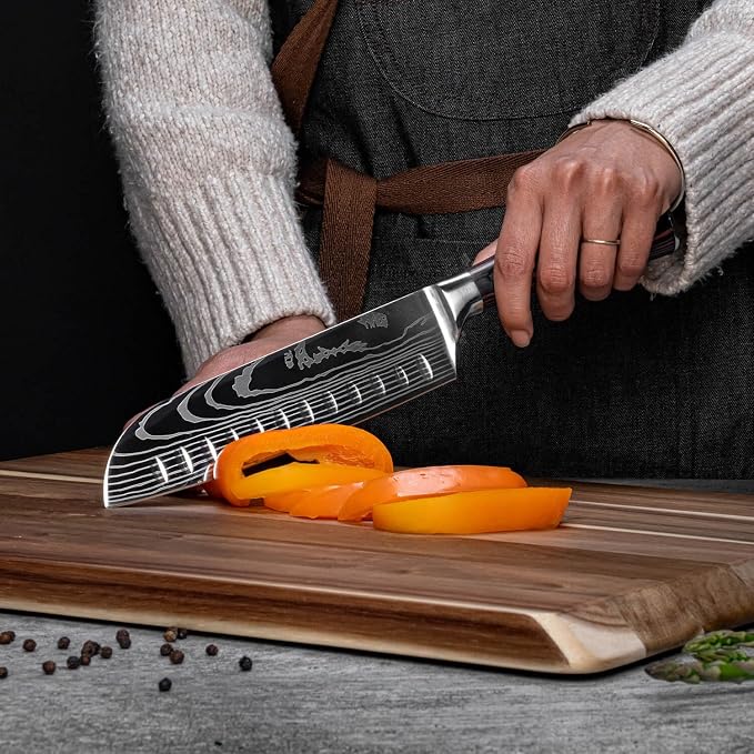 SENKEN 8-piece Premium Japanese Kitchen Knife Set with Laser Damascus Pattern - Imperial Collection - Chef's Knife, Santoku, Bread, Paring & More, Ultra Sharp for Very Fast Cutting