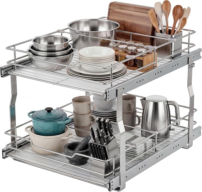 Garvee 2-Tier Pull Out Cabinet Organizer, Pullout Shelf and Drawer Organizer with Heavy-Duty Steel Frame, Slide Out Storage Basket for Kitchen, Pantry & Under Sink, 17" W x 21”D x 15" H