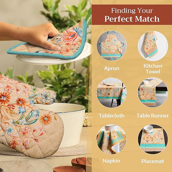 Maison d' Hermine Pot Holders 100% Cotton Heat Resistant Potholders 8" x 8" Hot Pads with Loop Cooking Baking Gifts for Mothers Day Handling Hot Pans Spring/Summer(Pack of 2, Luxury Loft - Peach)