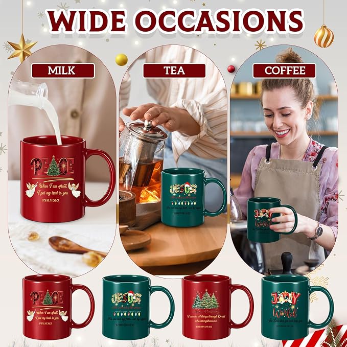 Ziliny 4 Sets Christian Coffee Mugs with Bible Verse Keychains Christmas Christian Gifts for Women & Men, 11oz Ceramic Scripture Coffee Cups Religious Keychains Inspirational Faith Based Church Gift