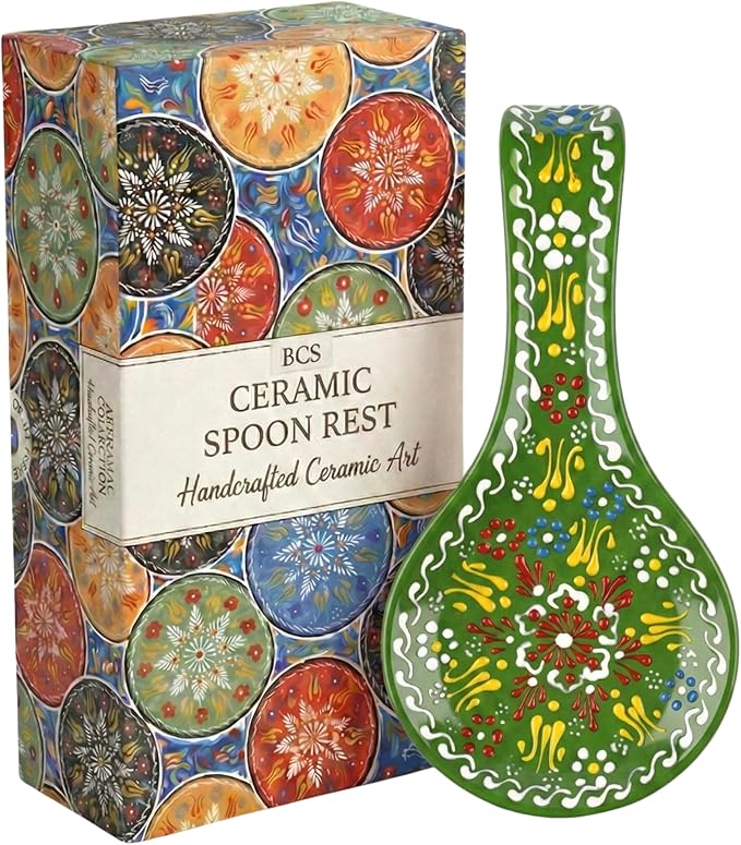 BCS Ceramic Spoon Rest, Large 9” Hand Painted Spoon Holder for Stove Top & Kitchen Counter, Dishwasher Safe & Heat Resistant Utensil Holder, Floral Kitchen Decor, Handmade Pottery