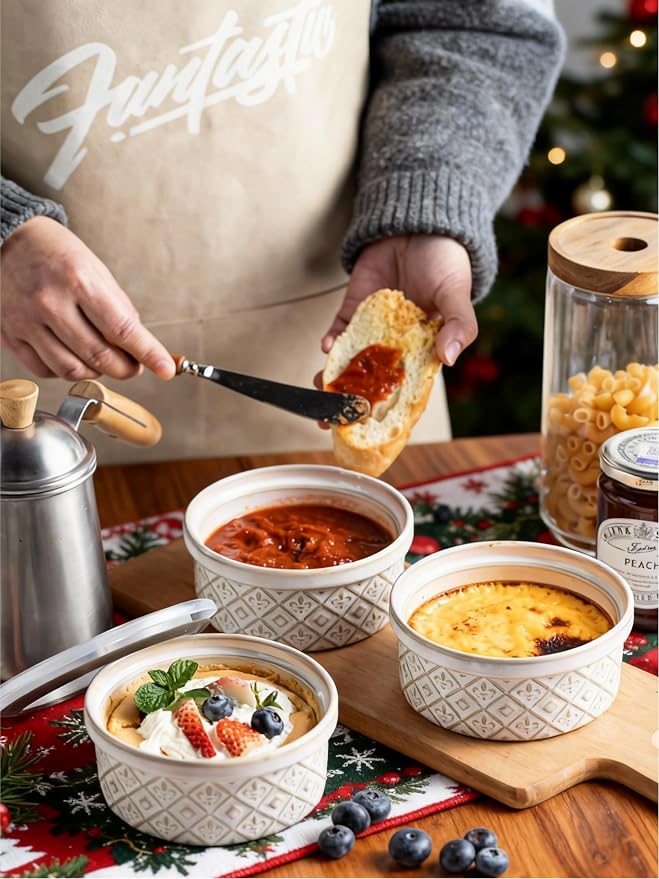 12 oz Souffle Ramekins Oven Safe with Lids, Small Creme Brulee Dishes, Ceramic Custard Cups Baking Bowls for Dessert, Dipping Sauce, Pudding, Set of 4, Beige
