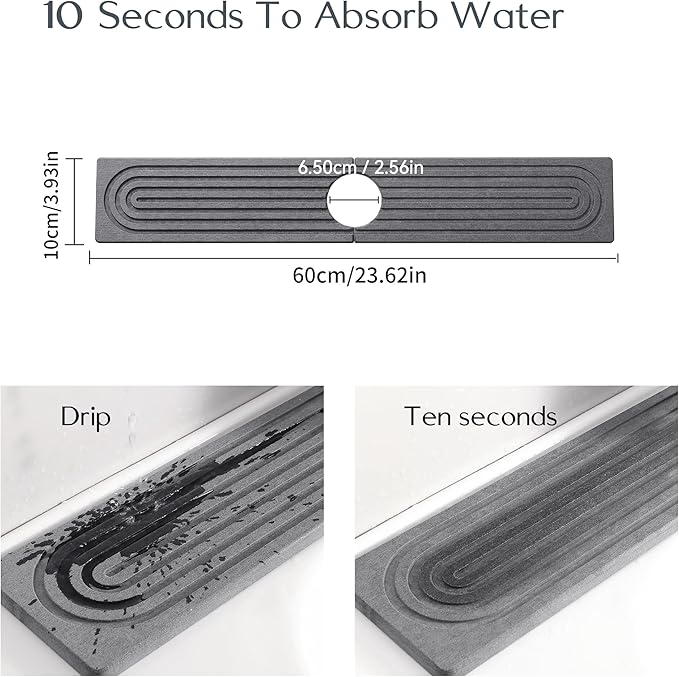 Diatomite Sink Splash Guard – Super Absorbent Kitchen & Bath Mat, Quick-Dry Non-Slip Drying Tray, Fits Most Faucets, Pet Bowl Mat, Vase Holder (Premium Gray, 23.6'' x 4'')