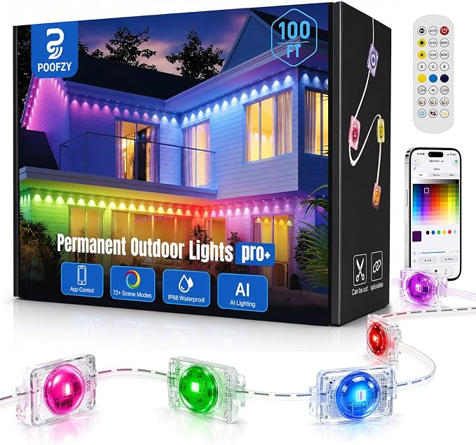 POOFZY Permanent Outdoor Lights 100FT, RGBIC Smart Outdoor Lights for House, App & Voice Control, Waterproof Outdoor Eave Lights for Christmas Holiday Patio Yard Decor