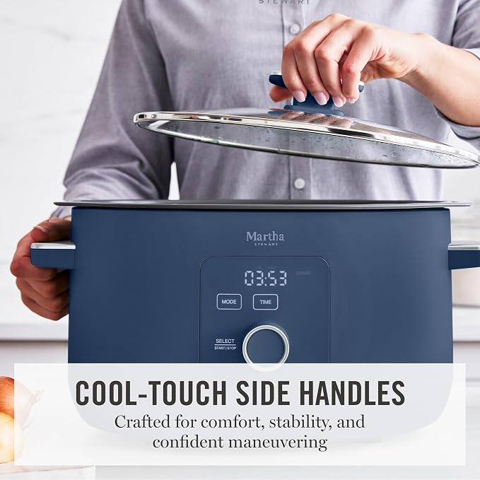 Martha Stewart 8 QT Slow Cooker, Programmable with Timer, 3 Heat Settings (Low, High, Warm), Nonstick Ceramic Removable Crock, Stovetop & Oven Safe, Glass Lid, Simmer, Reheat, Warm, Indigo