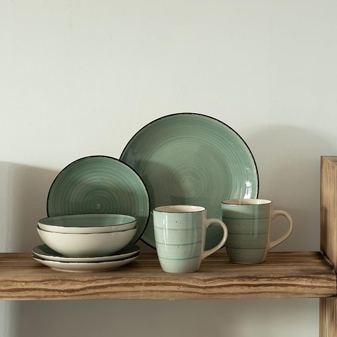 Rimmed Dinnerware Set | Mugs, Salad and Dinner Plates and Bowls Sets, Dishes with Highly Chip and Crack Resistant, Dishwasher and Microwave Safe (Green, Service For 8)