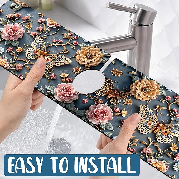 Gold Butterfly Kitchen Sink Splash Guard Faucet Mat Pink Floral Super Absorbent Fast Drying Mat Sink Splash Guard Behind Faucet for Kitchen Bathroom, 23.5"x5.5"
