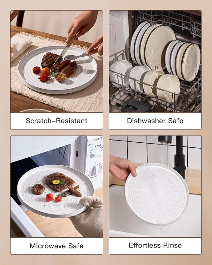 24-Piece Reactive Glaze Stoneware Dinnerware Sets for 8 - High Edge Plates and Bowls with Speckles & Spirals - Chip & Scratch Resistant, Microwave & Dishwasher Safe - Gift Box, White