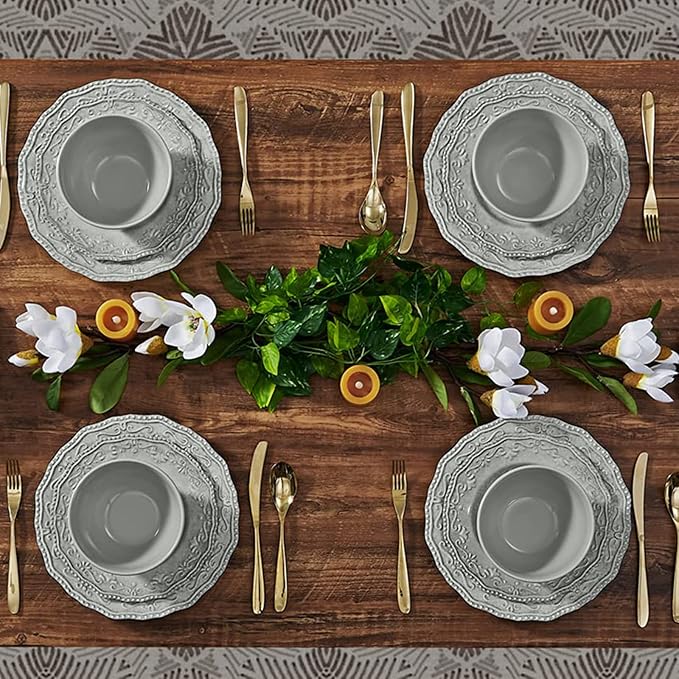 TP 12-Piece Melamine Dinnerware Sets, Plates and Bowls Dishes Set for 4, Break-Resistant & Non-Microwavable, Lightweight Dinner Plates, Relief Grey