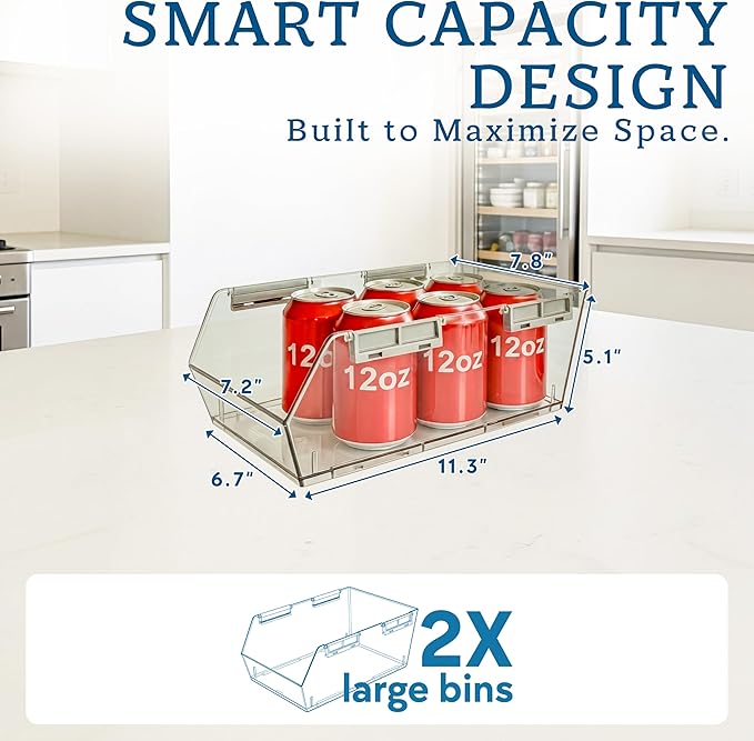 HOMESTEAD Set of 2 Large Stackable Storage Bins, Clear Plastic Organizer Bins, Open Front Design for Kitchen Pantry, Fridge, Cabinet, Bathroom and Cabinet Organization