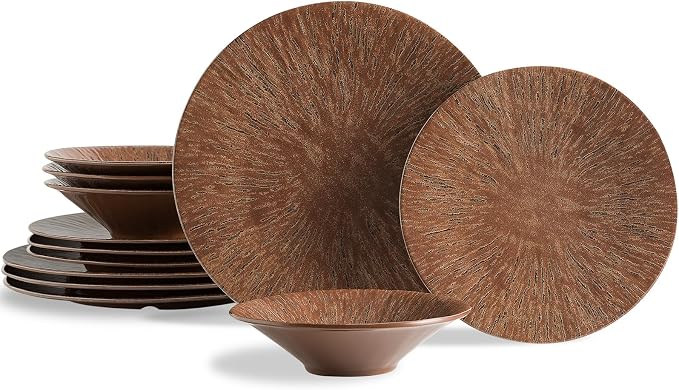 MissYIP 12 Pcs Unbreakable Dinnerware Set - Service for 4, Dishwasher Safe Plates and Bowls - Ideal for Party, Camping, Indoor & Outdoor Use (Brown)