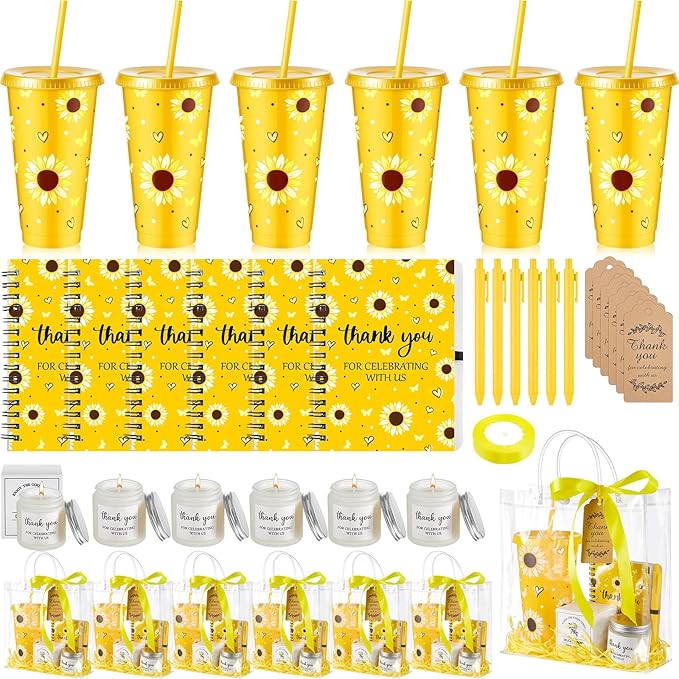 Nuogo 6 Sets New Parent Shower Prizes for Player Winners Adult, Wedding Bridal Shower Gift, Plastic Tumbler Notebook Scented Candle Ballpoint Pen Bag (Yellow Color,Sunflower Style)