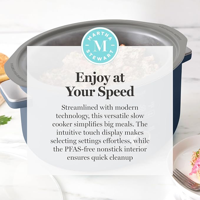 Martha Stewart 8 QT Slow Cooker, Programmable with Timer, 3 Heat Settings (Low, High, Warm), Nonstick Ceramic Removable Crock, Stovetop & Oven Safe, Glass Lid, Simmer, Reheat, Warm, Indigo