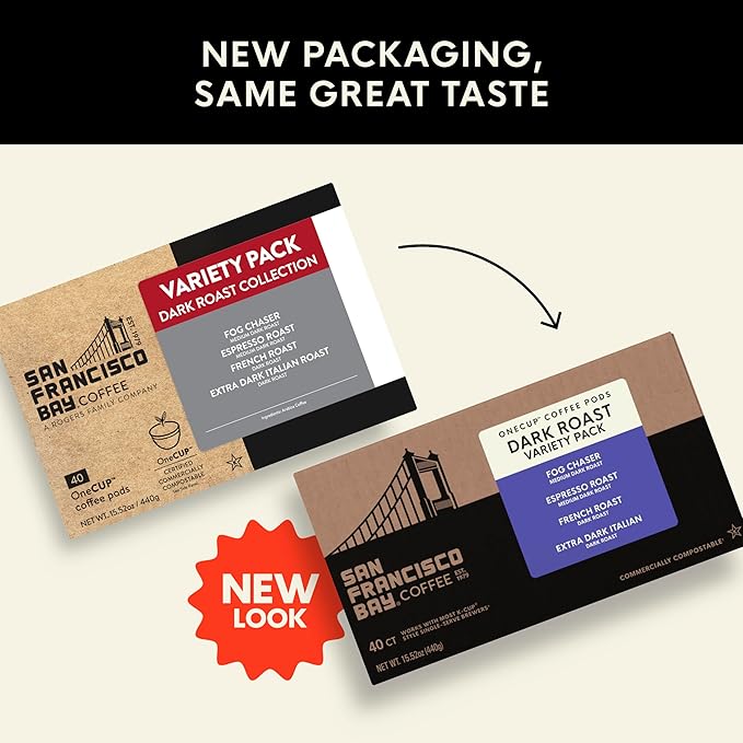San Francisco Bay K-Cup Coffee Pods Dark Roast Variety Pack (40 ct), Includes Fog Chaser, Espresso Roast, French Roast, & Extra Dark Italian, Commercially Compostable Single-Serve Coffee Pods