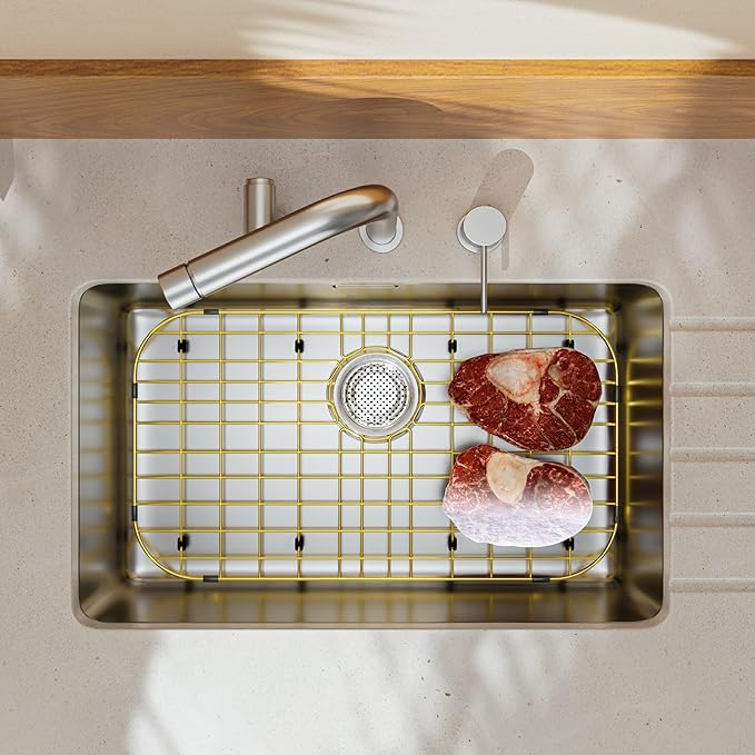 Gold Large 26" x 14" Kitchen Sink Grid,Sink Protector for Kitchen Sink,Stainless Steel Sink Rack with strainer,sink grate for Bottom of Sink,Rear Drain with Corner Radius,Stainless Steel