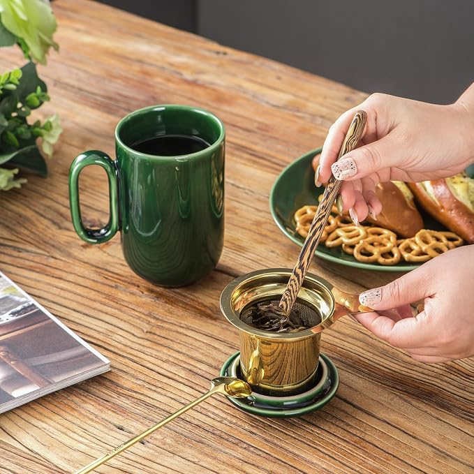 vicrays Ceramic Tea Mug Infuser - Large Cup 16 oz Hot Loose Steeping Handle Teacup with Leaf Infuser Spoon Lid - Tall Glazed Strainer Coffee Mug Microwave Safe - Green