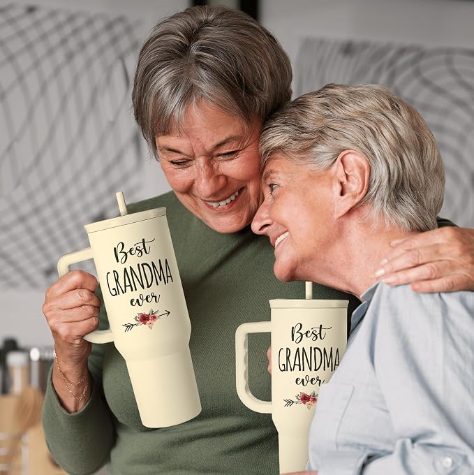 Grandma Tumbler with Handle 40oz, Grandmother Gifts from Granddaughter Grandson, Stainless Steel Tumblers Coffee Travel Cup, Gifts for Nana Mimi Grandmom on Birthday Christmas Mothers Day Valentines