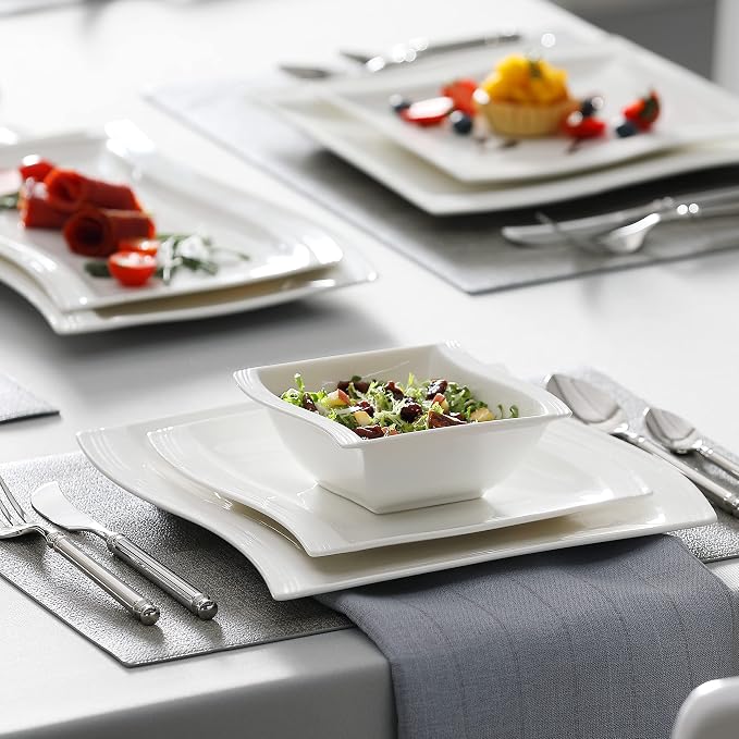 MALACASA Plates and Bowls Sets, 26 Pieces Ivory White Porcelain Dinnerware Sets without Mugs, Square Dinnerware with Dinner Plates, Bowls and Serving Platters, Modern Dish Set for 6, Series Flora