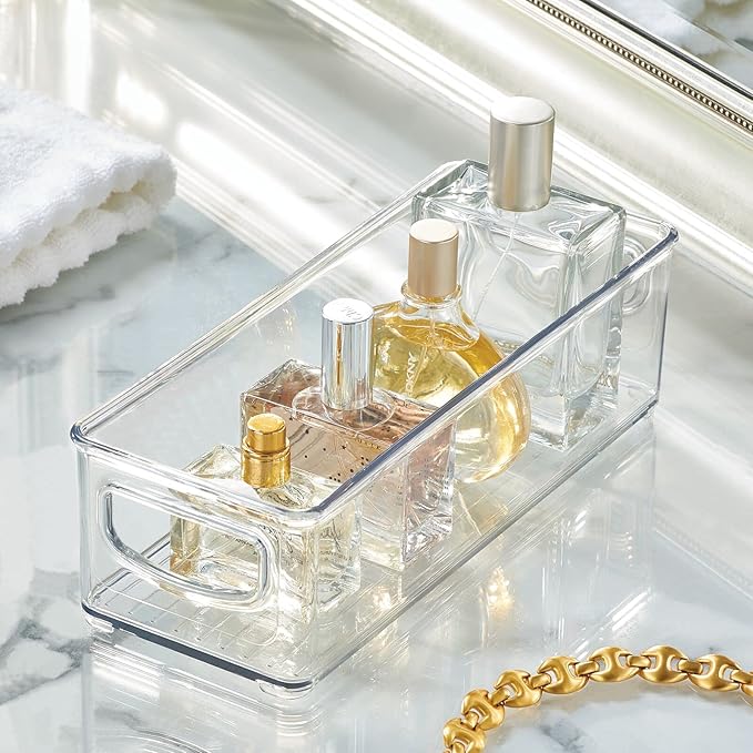 mDesign Plastic Bathroom Storage Container Bins w/ Handles - Closet, Cabinet, Vanity, Cupboard Shelf Organization, Hair Tools Accessory Organizer - Ligne Collection; Clear, 10x4x3 (Pack of 1)