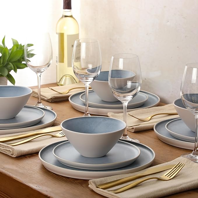 Gibson Elite Coastal Forest Plates and Bowls Sets, 12-Piece Stoneware Dinnerware Sets, Triple Reactive Glaze Dish Set - Blue and Cream White