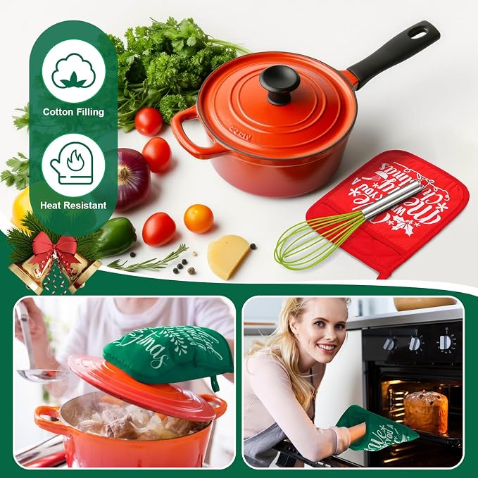 LemonRoad 12 Sets Christmas Whisk Baking Gift Set Xmas Silicone Whisks Oven Mitt Pot Holder Greeting Cards Ribbon Bags for Holiday Kitchen Utensils Cooking Supplies Neighbor Gift(Classic,Red, Green)