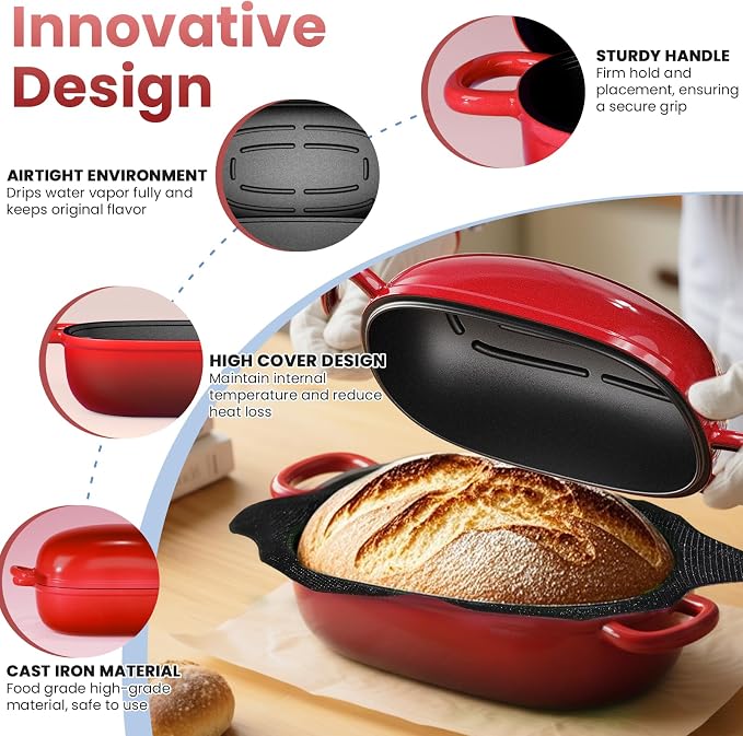 Cast Iron Dutch Bread Oven - 2.5QT Dutch Oven for Sourdough Bread Baking, Cast Iron Bread Loaf Pan with Perforated Non-Stick Silicone Liner, Blue Oval Bread Baking Pan, Gift for Family & Baker,Red