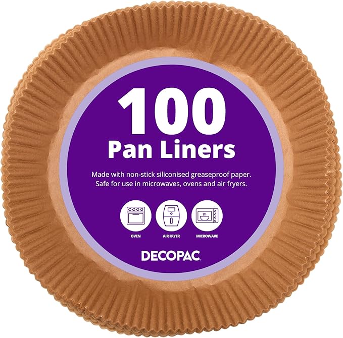 DecoPac 8" Cake Pan Liners, 100 Pack, Non-Stick Siliconized Greaseproof Paper, Round Baking Liner for Cakes and Pies, Parchment Paper Round Air Fryer Liner