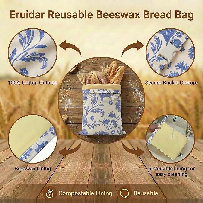 Beeswax Bread Bags for Sourdough & Homemade Bread (2 Pack), XL 13"x17" Large Reusable Cotton & Linen Bread Bag, Keep Loaves Fresh Longer, Natural & Easy to Clean (Classic Blue Floral)