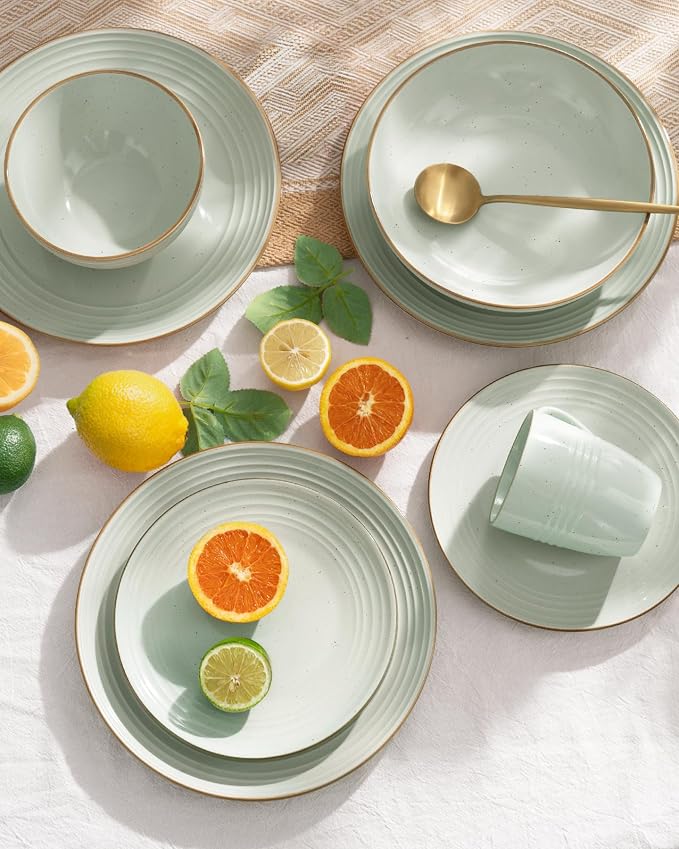 Famiware Jupiter 16-Piece Stoneware Dinnerware Set for 4 - Includes Pasta Bowl & Dinner Plate, Handcrafted Dishes with Speckles & Embossed Swirls, Chip & Scratch Resistant, Daily & Formal Use, Green